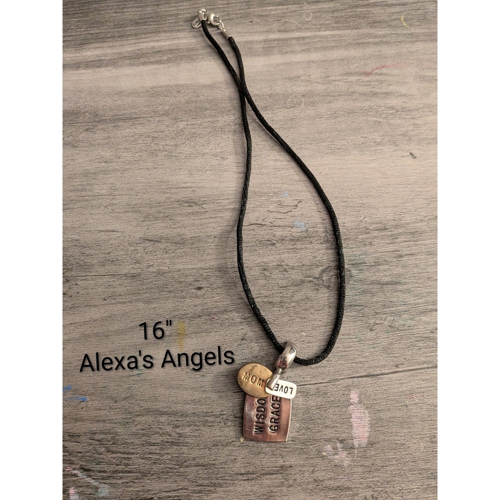 Alexa's Angels Mom Wisdom Grace Love Charm Necklace Black Cord 16 Inch Metal